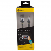 Кабель RITMIX RCC-211, черный, USB 2.0 - micro USB, тканевая оплетка, 1 м.