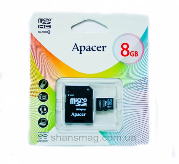 карта памяти microsd 8 gb Apacer class 10,+SD адаптер