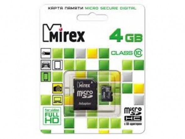 карта памяти microsd 4 gb mirex class 10+sd адаптер