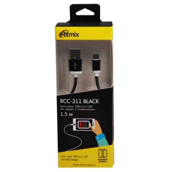 Кабель RITMIX RCC-311, черный, USB 2.0 - micro USB, тканевая оплетка, 1,5 м.