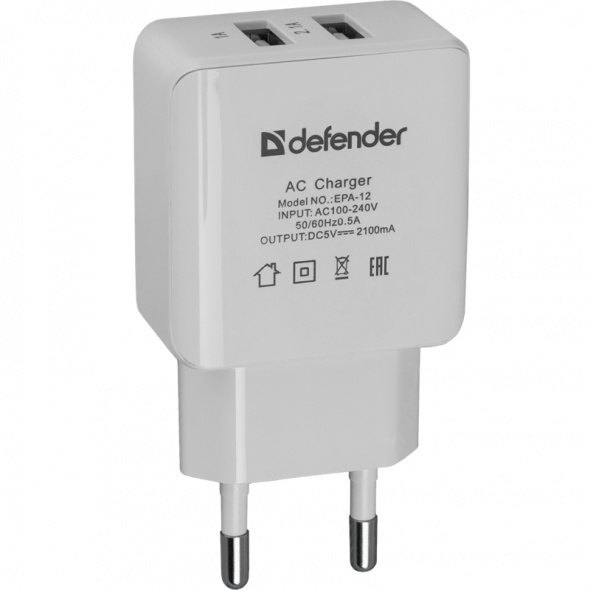 Адаптер сетевой DEFENDER EPA-12, 2хUSB, 5V/2А