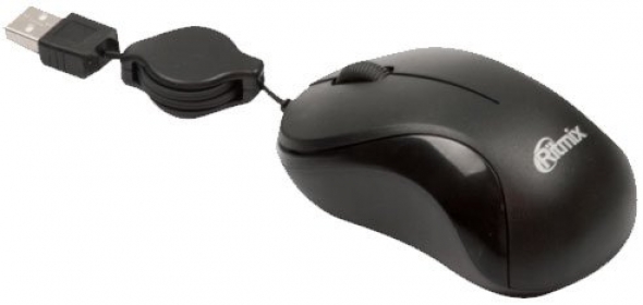 Мышь проводная оптическая RITMIX ROM-123 черная, USB, кабель-рулетка.