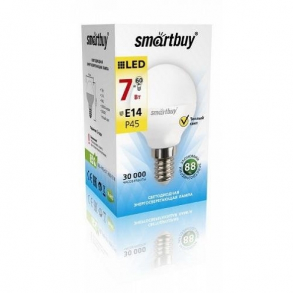Лампа  ( лампочка )  светодиодная SMART BUY  Р45-7W-220 V-3000K-E14 ( глоб, теплый свет)