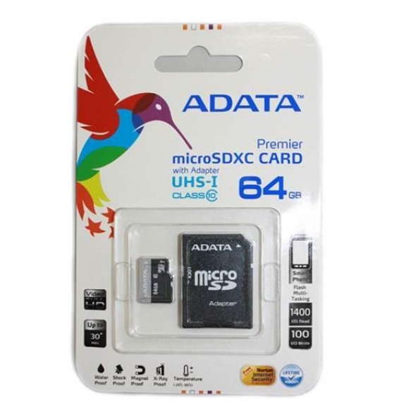 карта памяти micro SD  (микро) 64 Gb A-Data+SD адаптер