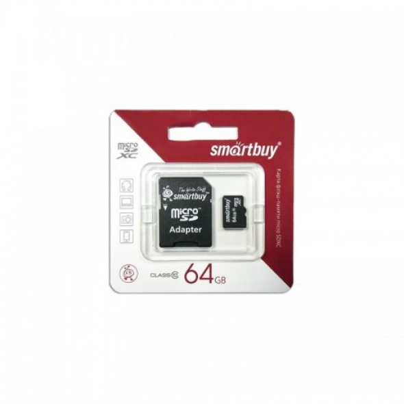 Карта памяти MicroSD  64GB  Smart Buy Class 10 + SD адаптер