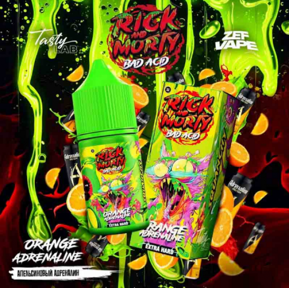 жидкость для электронных сигарет salt Rick and Morty BAD ACID 30 мл Orange Adrenaline - Энергетик апельсин кислинка  hard