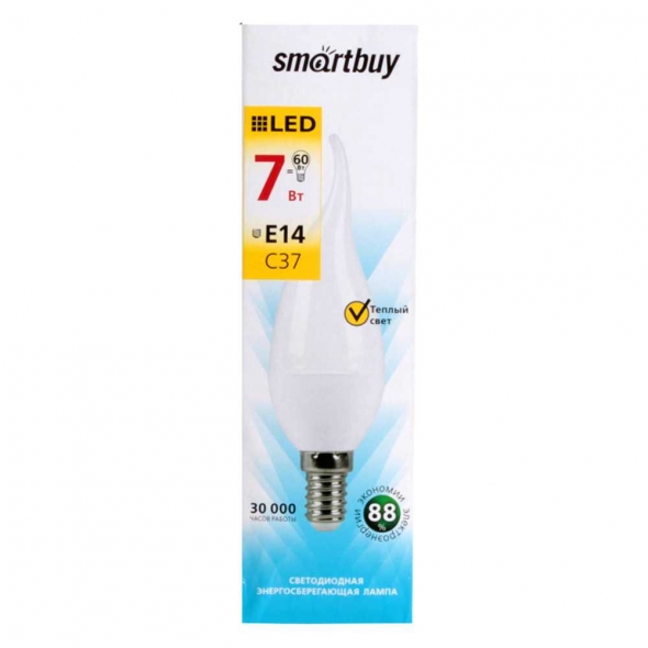 Лампа  ( лампочка )  светодиодная SMART BUY C37-7W-220V-3000K-E14 (свеча на ветру , теплый свет)