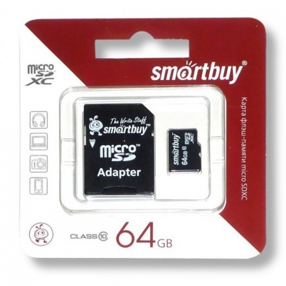 карта памяти microsd 64gb Smart buy Class 10  с адаптером