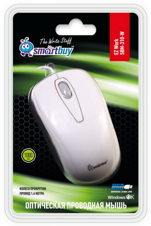 Мышь проводная Smart Buy 310, белая, USB.