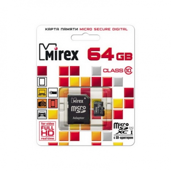 Карта памяти MicroSD  64GB  Mirex Class 10 UHS-I + SD адаптер